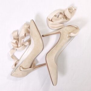 NWOT Alice + Olivia Womens Dominique Suede Heel Pointed-Toe Ribbon Wrap Tan